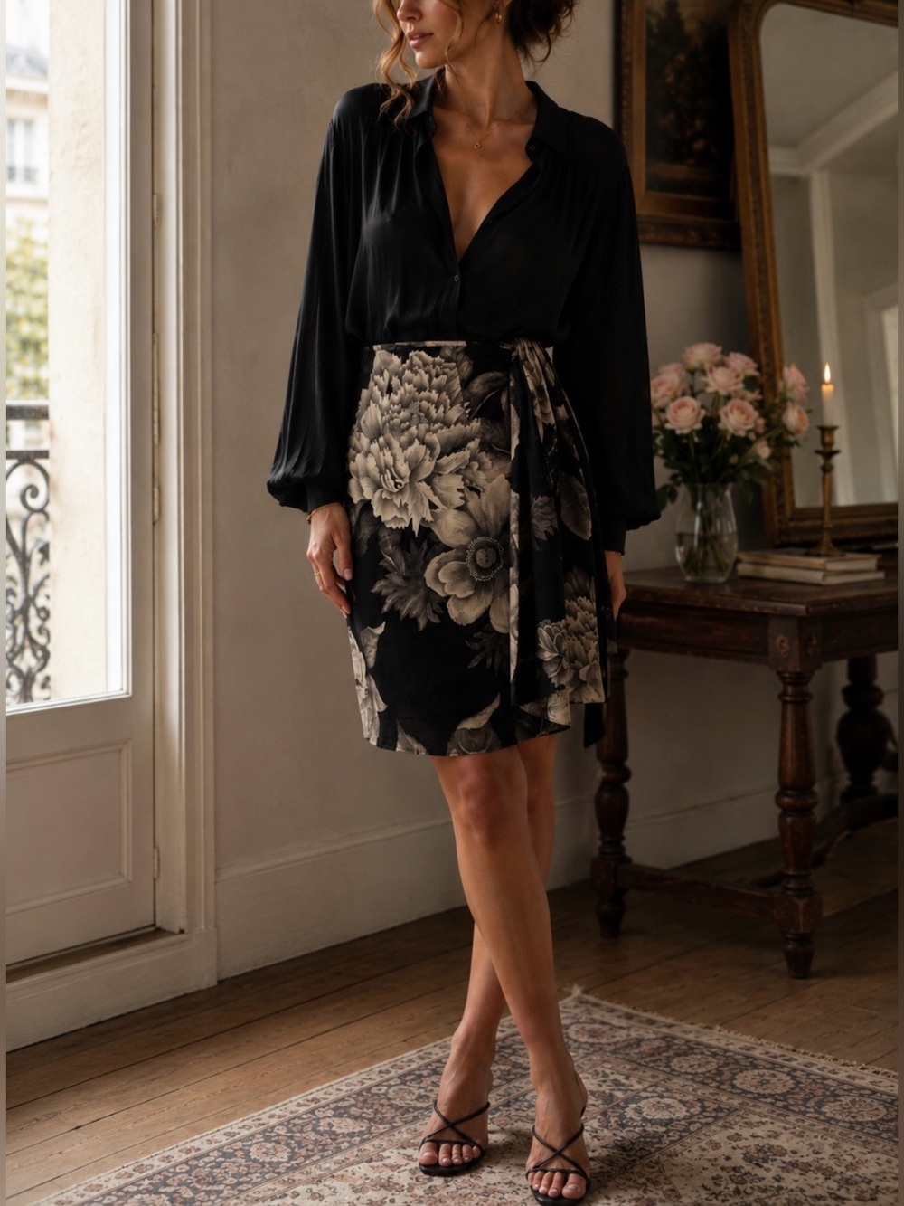 Vintage Linda Allard Ellen Tracy 100% Silk Wrap Skirt Black Floral Romantic 
S